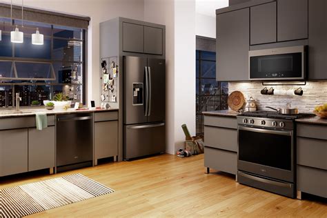 black stainless steel appliances with sandal kitchen cabinet|black stainless steel kitchen cabinets.